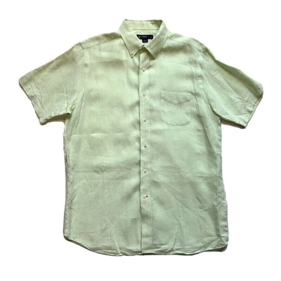 Cremieux 100% Linen Shirt Mens Large Button Down Short Sleeve Green Beach Summer - Picture 1 of 12